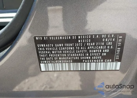 2014 Volkswagen Jetta 2.0L S from USA, damaged, VIN 3VW2K7AJ8EM308439